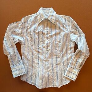 Women's Craig Taylor White, Blue Stripe, Floral Embroidery Long Sleeve Shirt Med